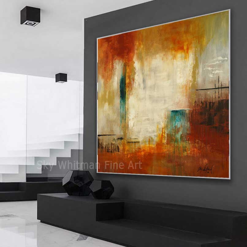 "Building A Mystery" Huge 60"x60" Burnt Orange Abstract Contemporary Painting