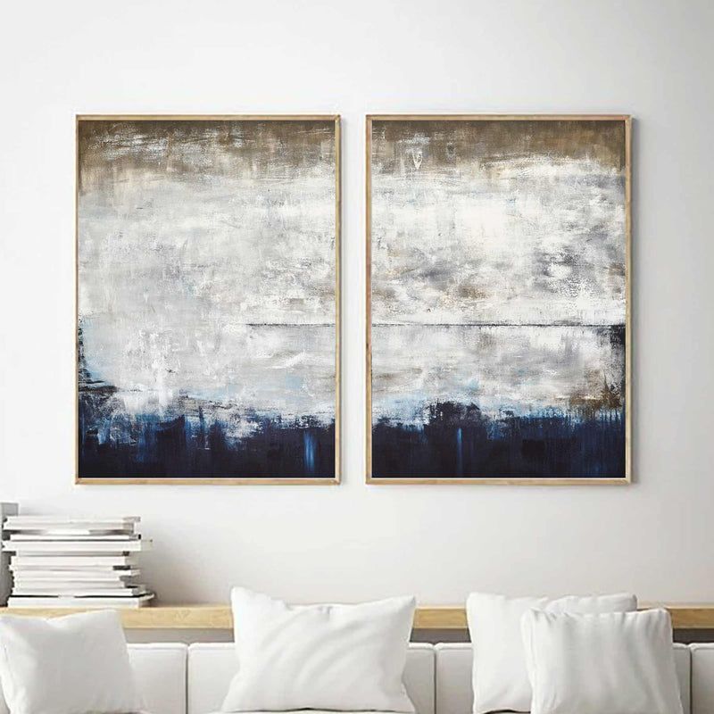 Double Piece Framed Modern Abstracts Blue Brown Painting On Canvas