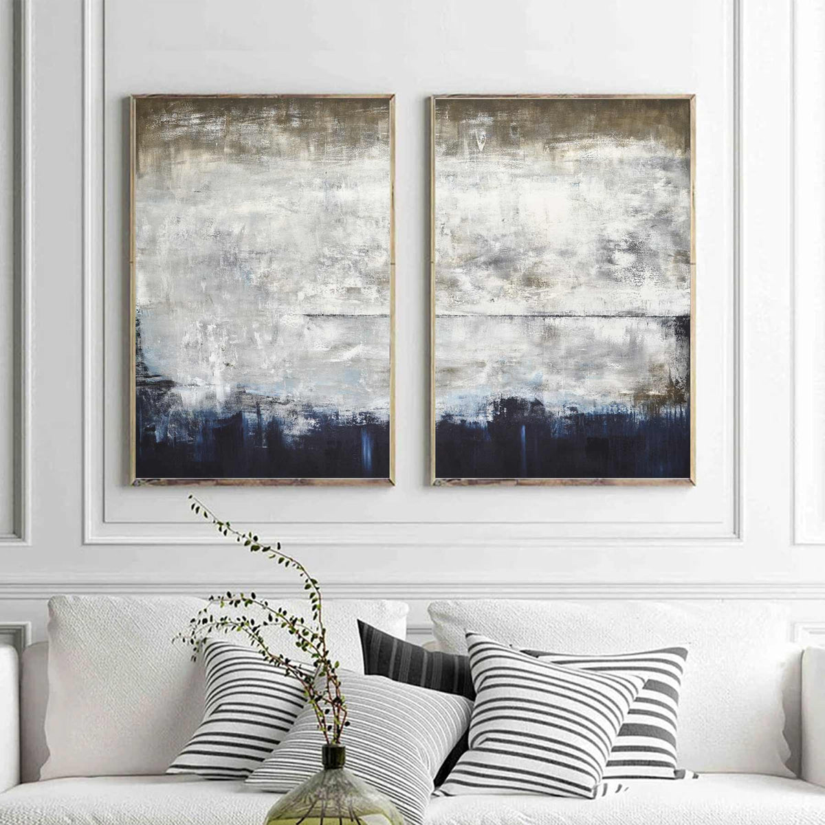 Double Piece Framed Modern Abstracts Blue Brown Painting On Canvas diptych