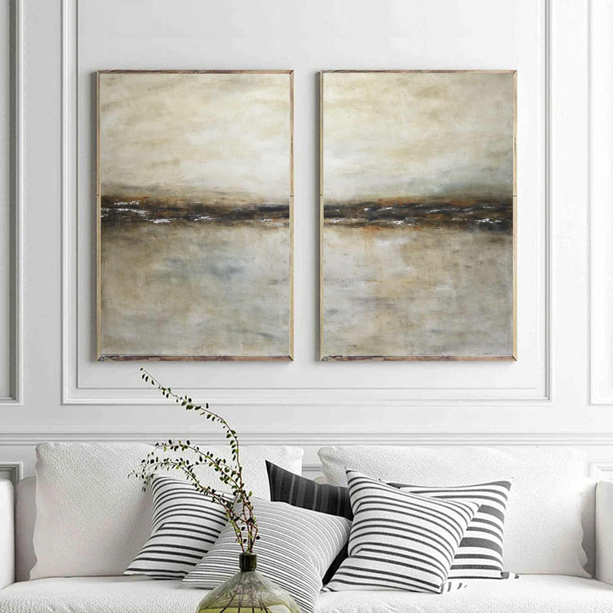 Diptych Landscape Paintings On Canvas Brown Horizon Line Over Couch