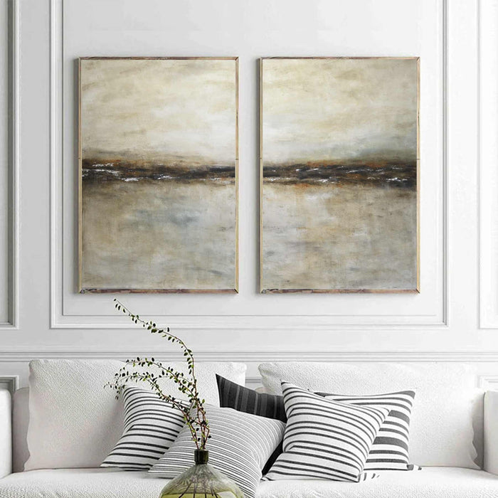 Diptych Landscape Paintings On Canvas Brown Horizon Line Over Couch