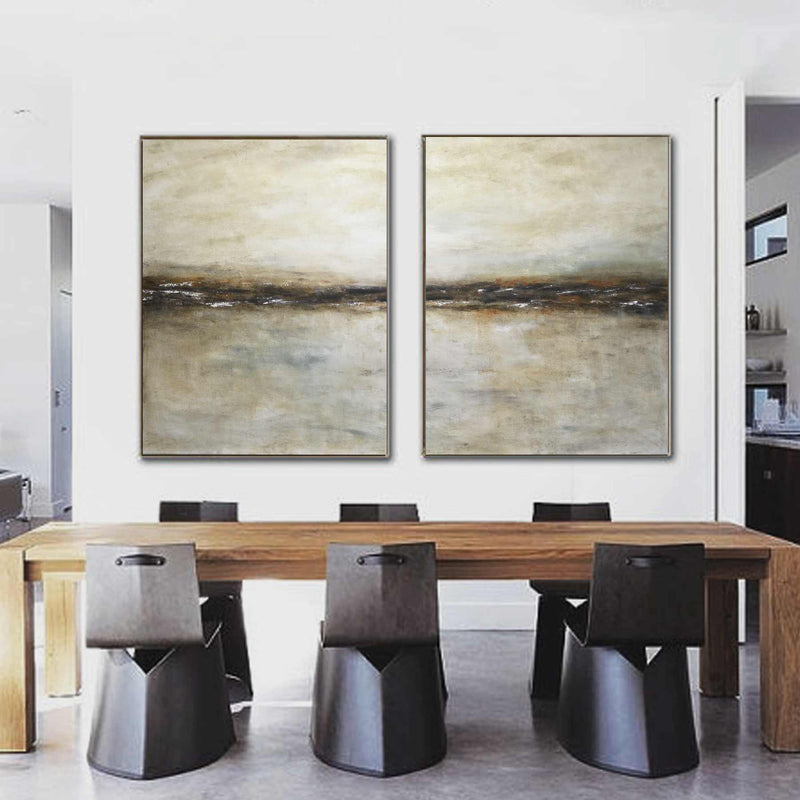 Diptych Landscape Paintings On Canvas Brown Horizon Line Over Couch