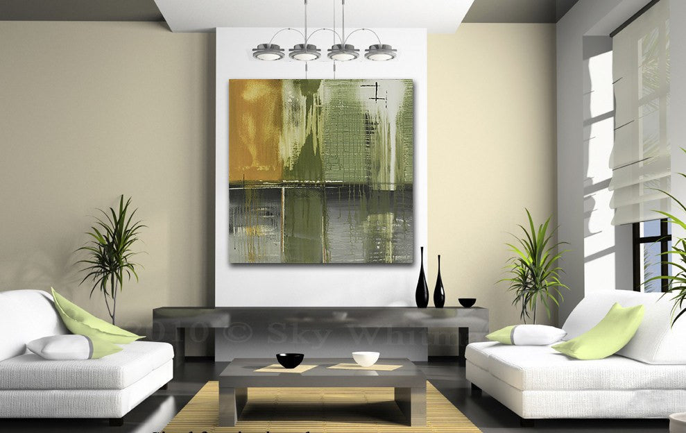 "Caged" Sage & Charcoal Gray Abstract Contemporary Painting