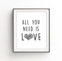 Black and white digital print beatles all you need is love heart design words lyrics large print Sky Whitman